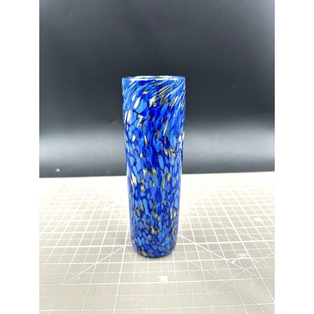 Bright Blue Art Bud Vase with Splatter Design with Blue and Yellow Unknown Maker